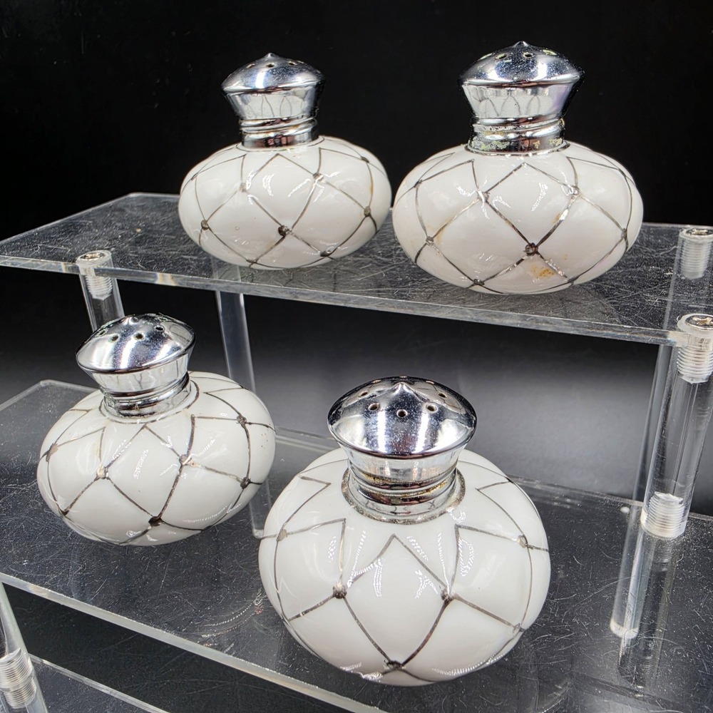 Vtg Irice White Ceramic Salt Pepper Shakers Silver White Lattice 4 Set MCM Rare